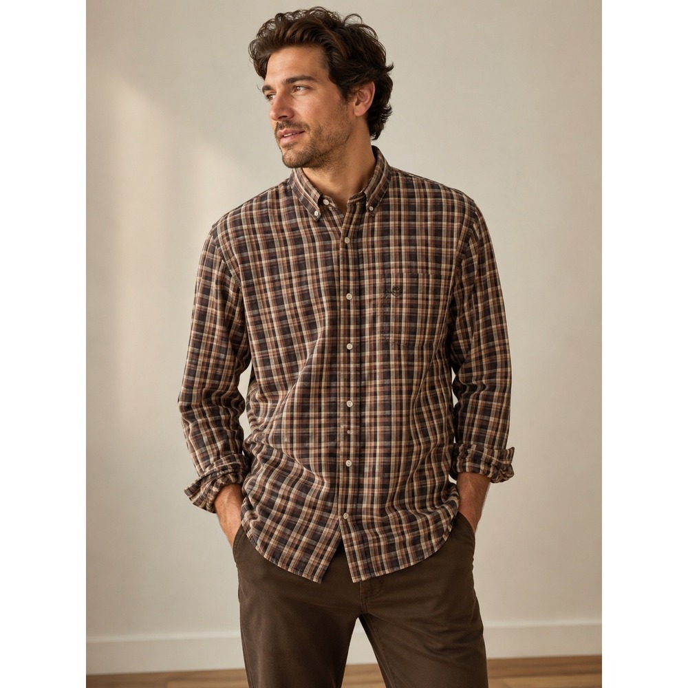 Timberland‎ Plaid Button Down Shirt Mens XL Brown Long Sleeve Heritage Workwear